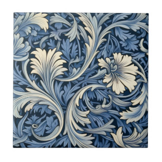 Blauw en Wit Foliate Patroon Tegeltje