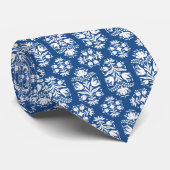 Blauw en wit Folk Art Floral Damask Stropdas (Opgerold)