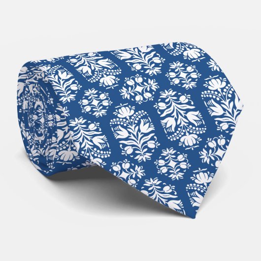 Blauw en wit Folk Art Floral Damask Stropdas (Opgerold)