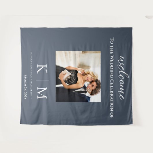 Blauw en Wit-Foto-Bruiloft- Wandkleed (Voorkant (horizontaal))