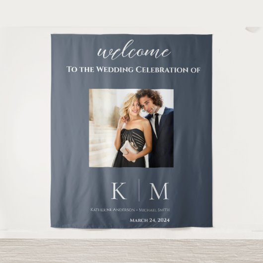 Blauw en Wit-Foto-Bruiloft- Wandkleed (Voorkant)