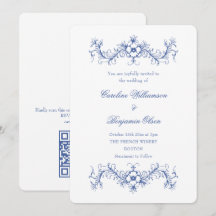 Blauw en Wit Frans Bloemmotief Elegante Trouw-QR 