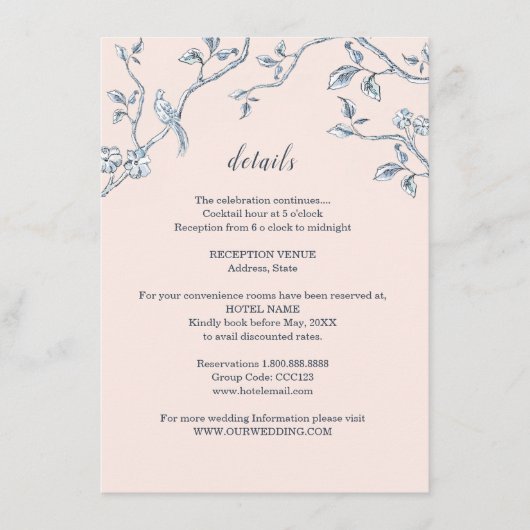 Blauw en wit Frans Toile Huwelijksdetails   Informatiekaartje (Voorkant)