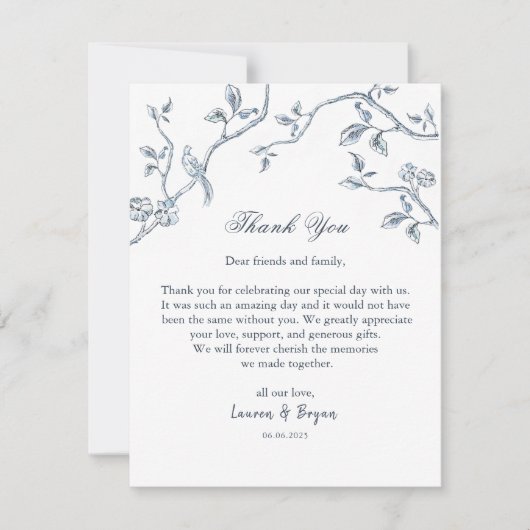 Blauw en wit Frans Toile Weddenschap plat Bedankkaart (Voorkant)