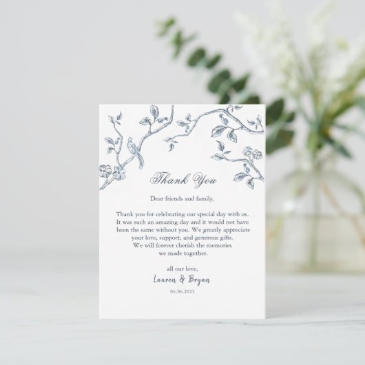 Blauw en wit Frans Toile Weddenschap plat Bedankkaart (Staand voorkant)