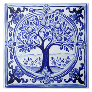 Blauw en wit Fruit Tree Mediterraans Folk Art Tegeltje