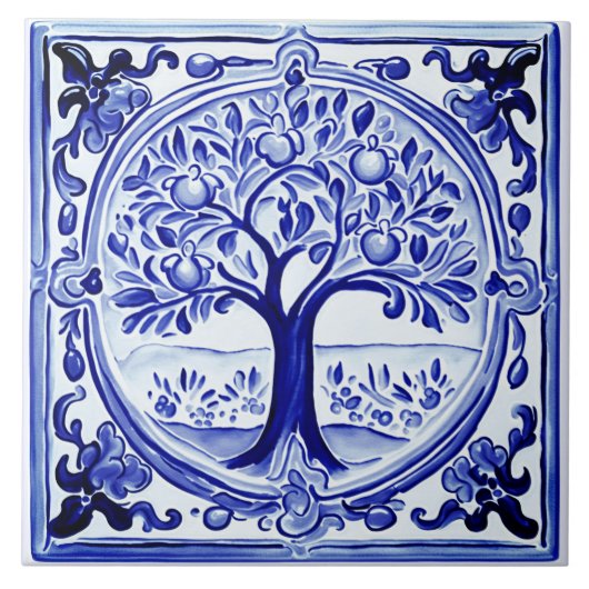 Blauw en wit Fruit Tree Mediterraans Folk Art Tegeltje (Voorkant)