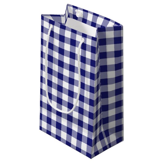 Blauw en wit gecontroleerd gingham-spelpatroon klein cadeauzakje (Voorkant Gekanteld)