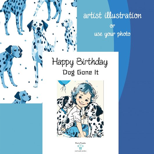 Blauw en Wit Geïllustreerd Dalmatisch | Verjaardag Kaart