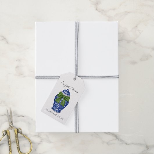 Blauw en wit gemberpot met groene strik cadeaulabel (Met Touw)