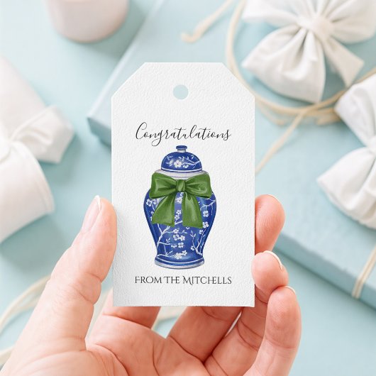 Blauw en wit gemberpot met groene strik cadeaulabel