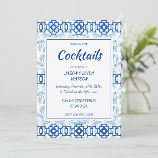 Blauw en wit geometrisch bloemmotief chinoiserie kaart (Staand voorkant)