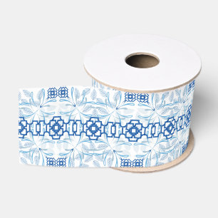 Blauw en wit geometrisch bloemmotief in Chinese st Grosgrain Lint