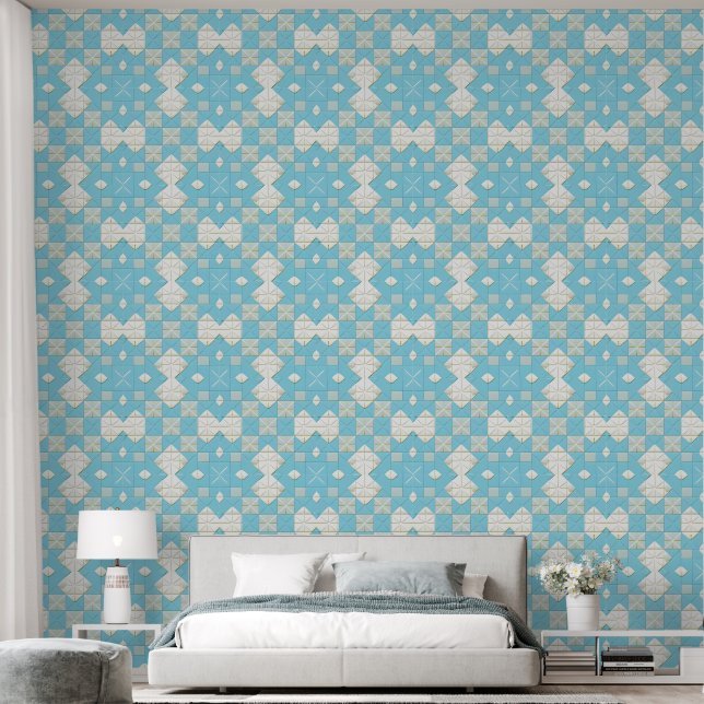Blauw en wit geometrisch patroon behang (Slaapkamer)