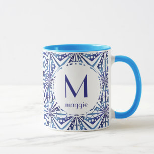 blauw en wit geometrisch patroon mok