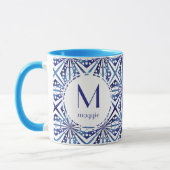 blauw en wit geometrisch patroon mok (Links)