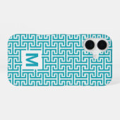 Blauw en wit geometrisch patroon monogram iPhone 16 hoesje (Achterkant horizontaal)