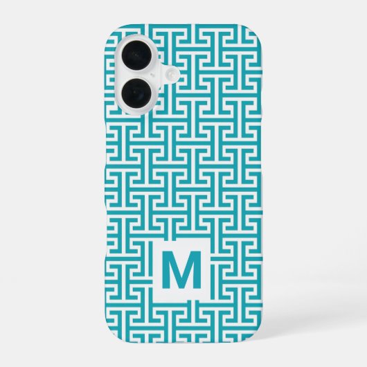 Blauw en wit geometrisch patroon monogram iPhone 16 hoesje (Achterkant)
