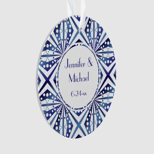  blauw en wit geometrisch patroon ornament (voorkant)