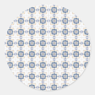 Blauw en wit geometrisch patroon ronde sticker
