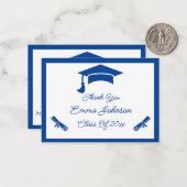 Blauw en wit Gepersonaliseerd Afstuderen Dank u Notitiekaartje (Voorkant / Achterkant in situ)