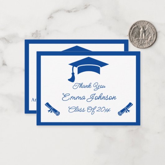 Blauw en wit Gepersonaliseerd Afstuderen Dank u Notitiekaartje (Voorkant / Achterkant in situ)