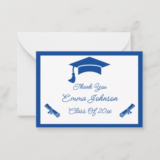 Blauw en wit Gepersonaliseerd Afstuderen Dank u Notitiekaartje (Voorkant)