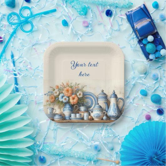 Blauw en Wit Gerechten op Plank Papier Bord (Feest)