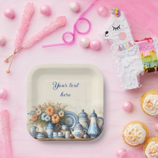 Blauw en Wit Gerechten op Plank Papier Bord (Feest)