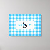 Blauw en wit geruit initiaal monogram met naam canvas afdruk (Voorkant)