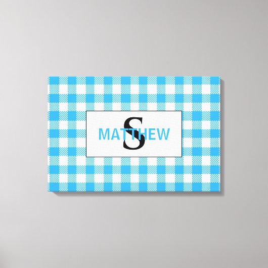 Blauw en wit geruit initiaal monogram met naam canvas afdruk (Voorkant)