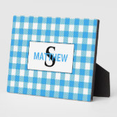 Blauw en wit geruit initiaal monogram met naam fotoplaat (Zijkant)