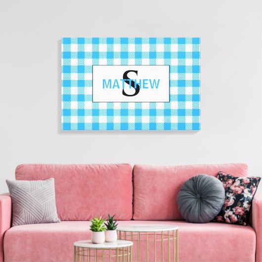 Blauw en Wit Geruit Initieel Monogram met Naam Canvas Afdruk (Insitu (Woonkamer))