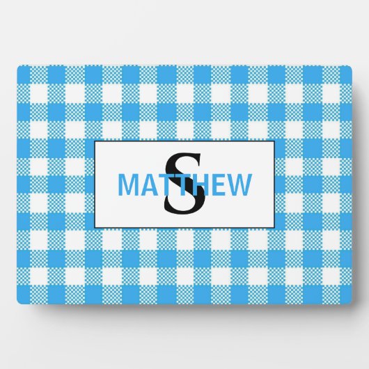 Blauw en Wit Geruit Initieel Monogram met Naam Fotoplaat (voorkant)