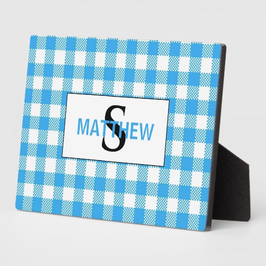 Blauw en Wit Geruit Initieel Monogram met Naam Fotoplaat (Zijkant)