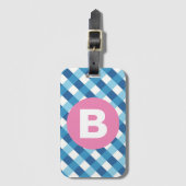 Blauw en wit geruit roze monogram bagagelabel (Voorkant (verticaal))