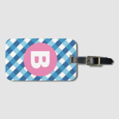 Blauw en wit geruit roze monogram bagagelabel (Voorkant (horizontaal))