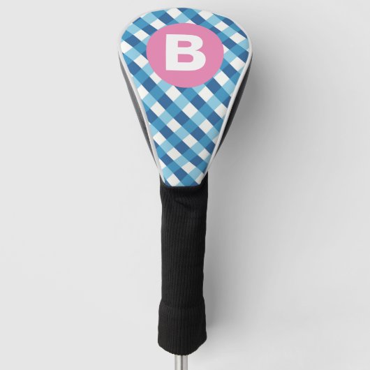 Blauw en wit geruit roze monogram golfheadcover (Voorkant)