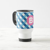 Blauw en Wit Geruit Roze Monogram Reisbeker (Voorkant links)