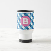Blauw en Wit Geruit Roze Monogram Reisbeker (Center)