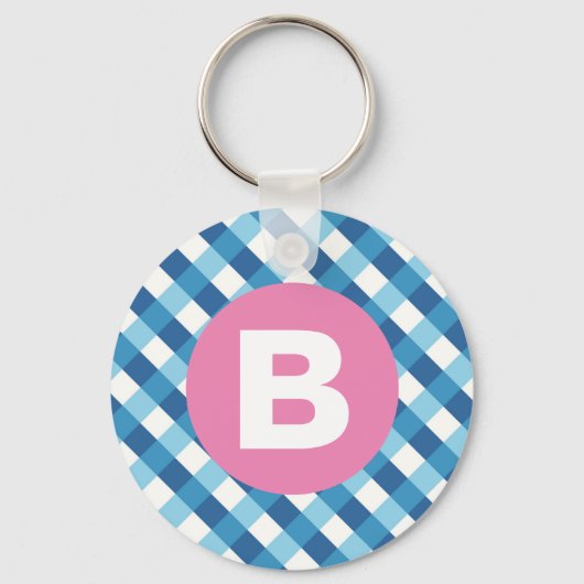 Blauw en wit geruit roze monogram sleutelhanger (Voorkant)