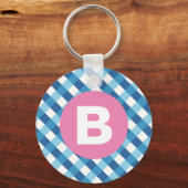 Blauw en wit geruit roze monogram sleutelhanger (Achterkant)