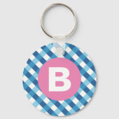 Blauw en wit geruit roze monogram sleutelhanger (Achterkant)