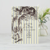 blauw en wit gestreept Alice in Wonderland Save The Date (Staand voorkant)