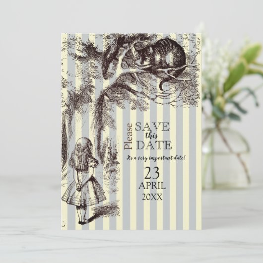 blauw en wit gestreept Alice in Wonderland Save The Date (Staand voorkant)
