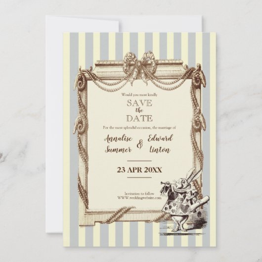 blauw en wit gestreept Alice in Wonderland Save The Date (Achterkant)