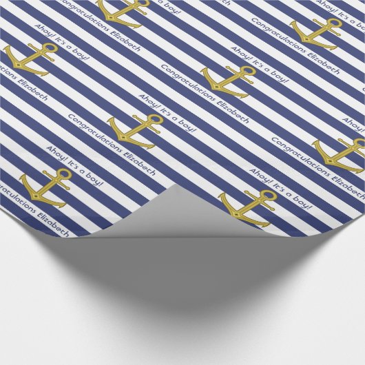 Blauw en wit gestreept Baby shower van Nautical Bo Cadeaupapier (Hoek)