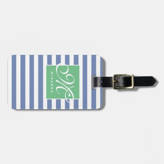 Blauw en wit gestreept en groen Lijst - Monogram Bagagelabel (Voorkant horizontaal)