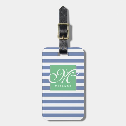 Blauw en wit gestreept en groen Lijst - Monogram Bagagelabel (Voorkant verticaal)