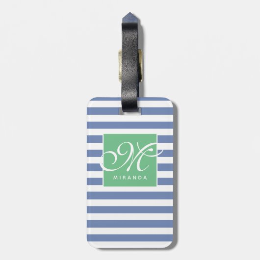Blauw en wit gestreept en groen Lijst - Monogram Bagagelabel (Achterkant verticaal)